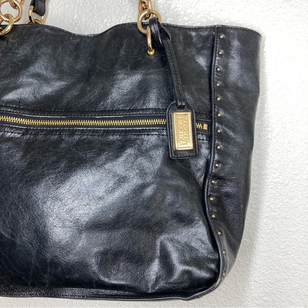 BADGLEY MISCHKA Black Tessa Shine Leather Studded Tote Handbag 17x13" - Picture 3 of 16